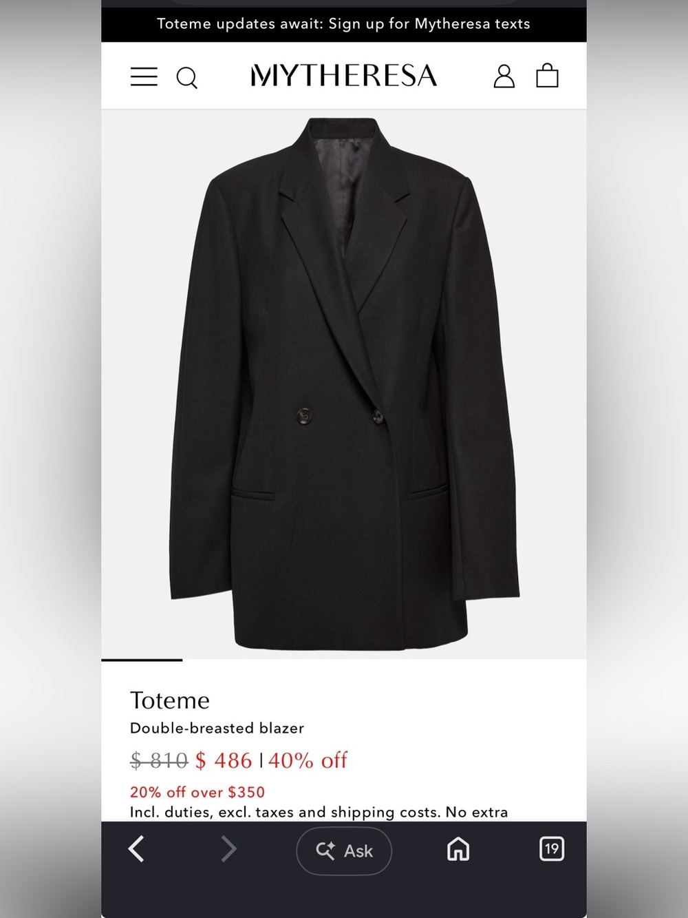 TOTEME Oversized Blazer wool double breasted sz 36 fits 4-6/8